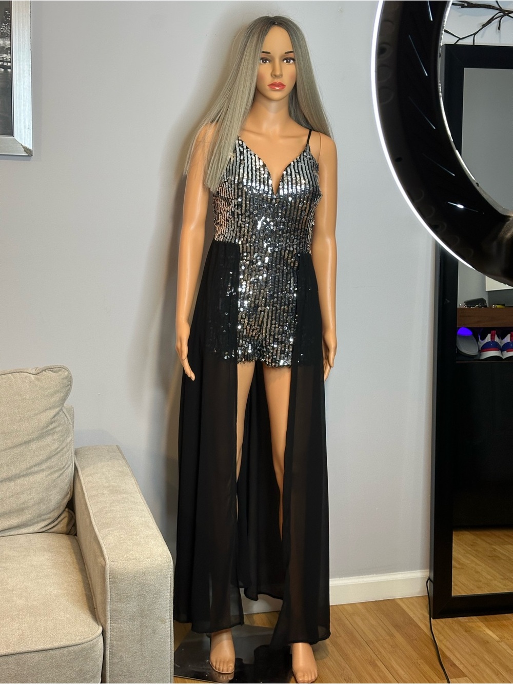 Black & Silver Sequin Maxi Overlay Dress-Romper Sz S/M
